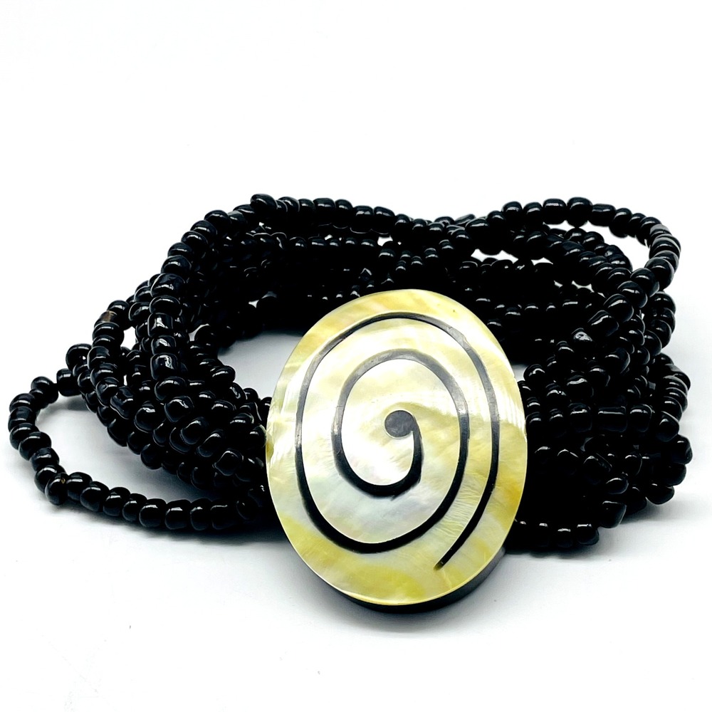 Black Stretch Bracelet Seed Bead Multi Strand Mother of Pearl Spiral Statement